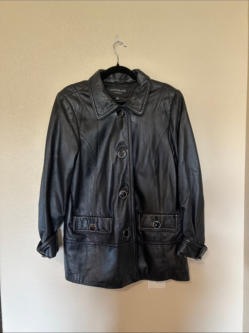 Centigrade Women’s Genuine Leather Jacket Black L Peacoat Moto Minimalist Y2K